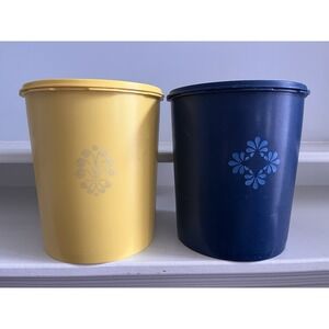 Lot Of 2 Vintage Tupperware Yellow Canister Lid Retro Kitchen Storage‎ 805 Navy
